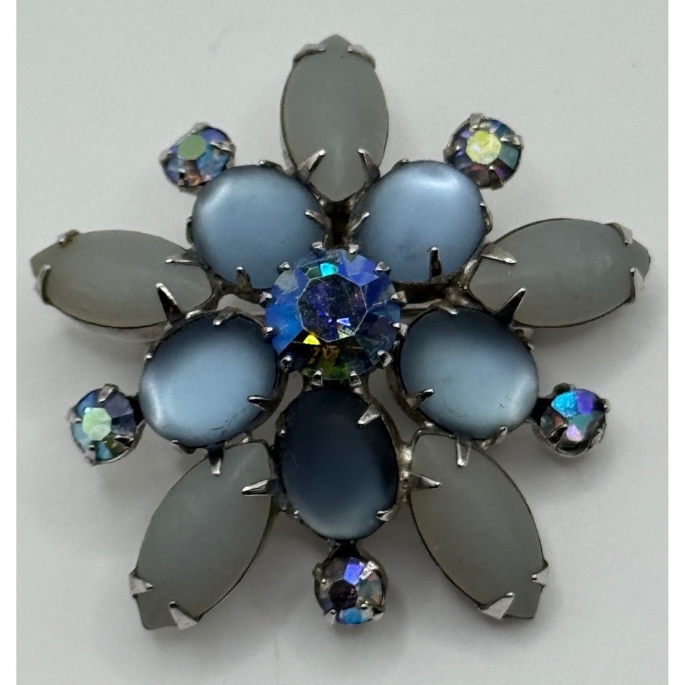 Vintage Coro Brooch Flower AB Aurora Borealis Multicolor Rhinestone Silver Tone